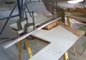 Auto pilot platform with the auto pilot drive mount glued on. The angle is to match the drive with the rudder post.